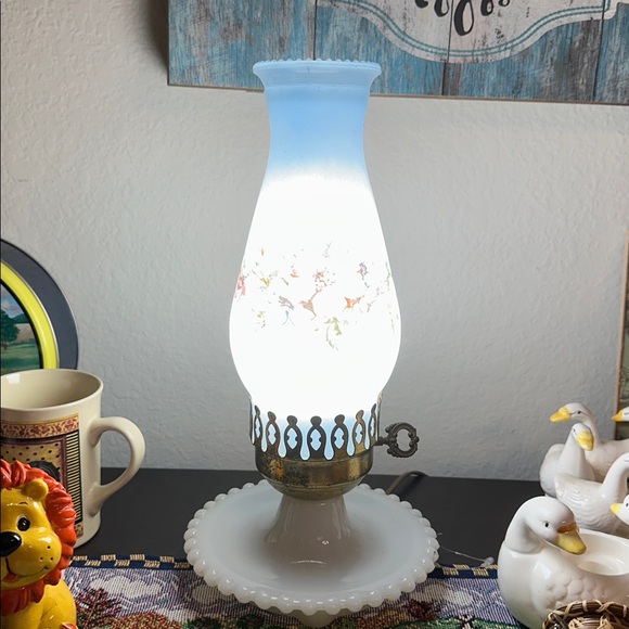 Blue Milk Glass Floral Lamp - Picture 2 of 2
